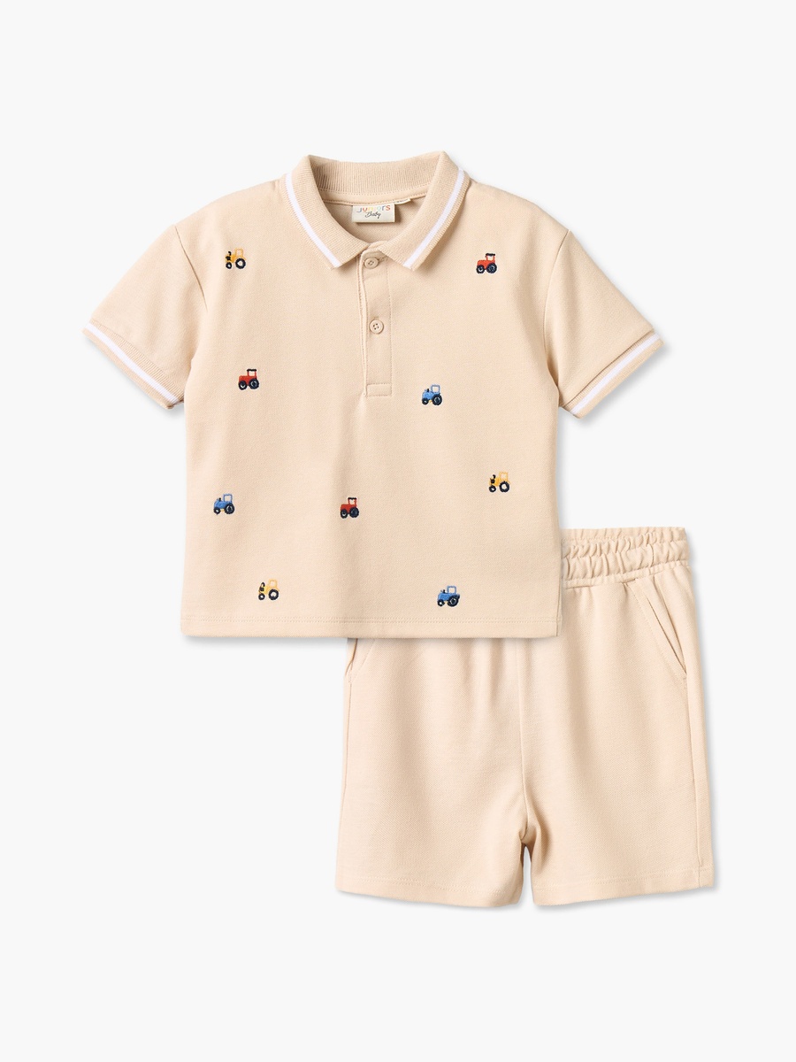 Collared Short Sleeves Polo T-Shirt and Shorts Set with Tractor Embroidery