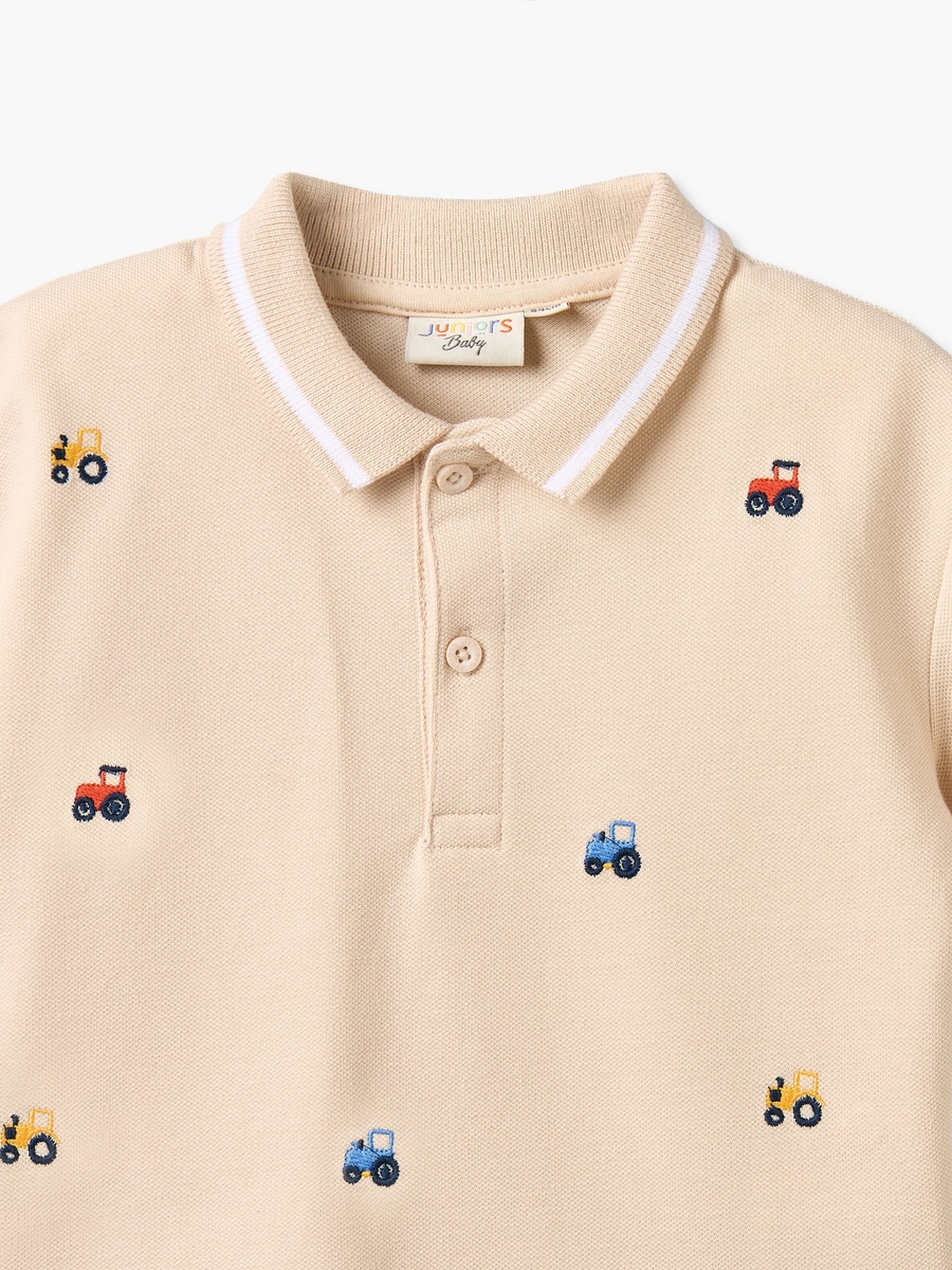 Collared Short Sleeves Polo T-Shirt and Shorts Set with Tractor Embroidery