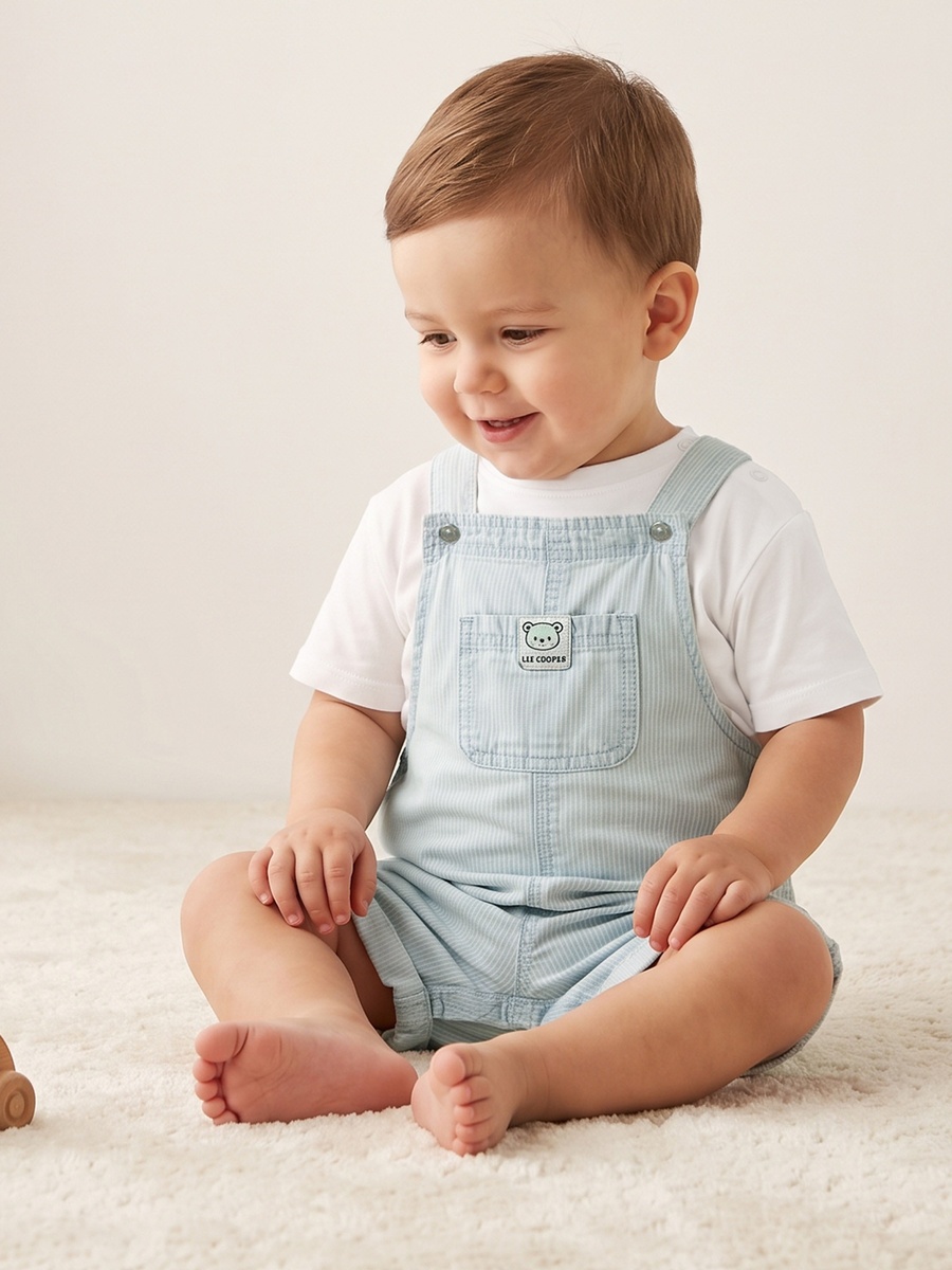 Crew Neck Short Sleeves T-Shirt and Dungaree Set with Stripes