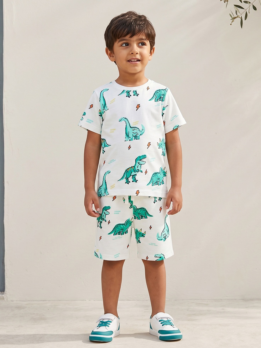 Crew Neck Short Sleeves T-Shirt and Shorts Set with Dinosaur Print