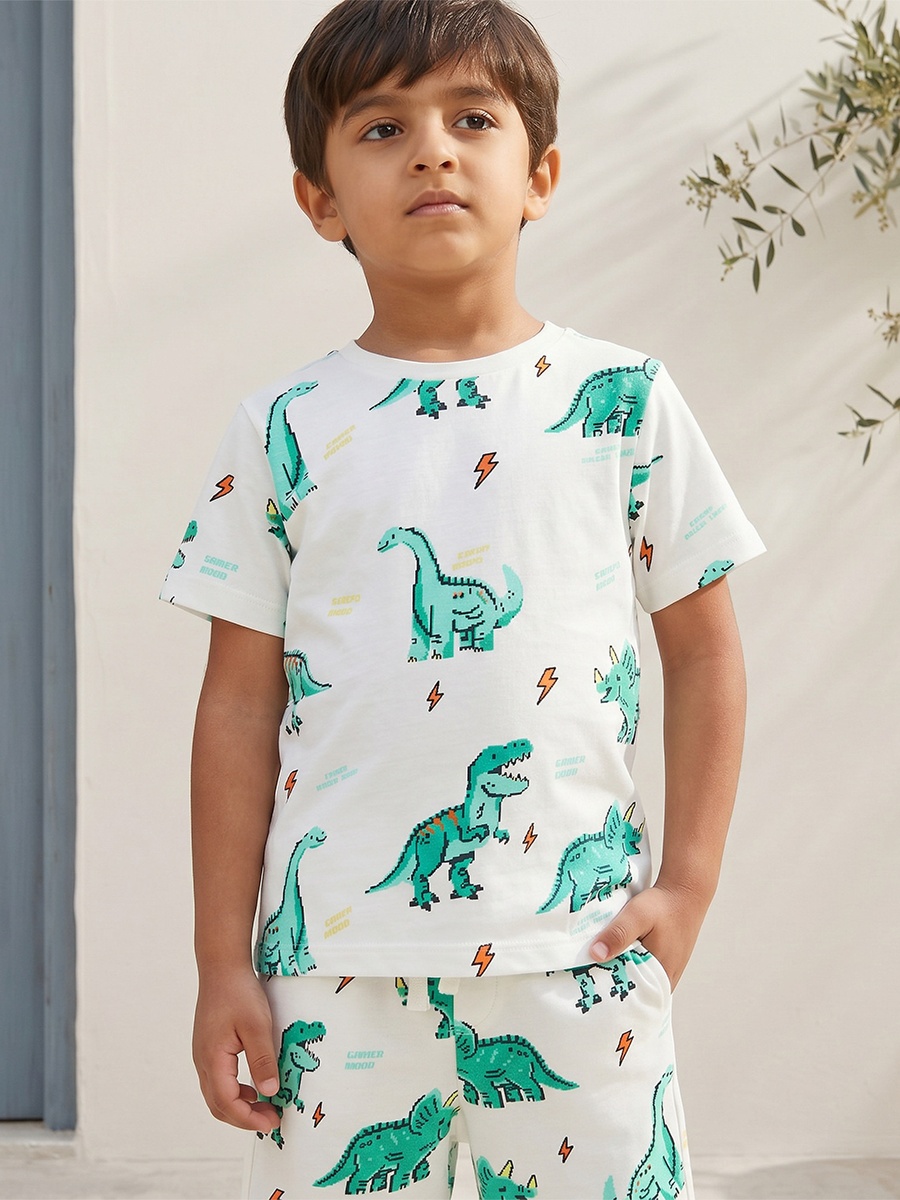 Crew Neck Short Sleeves T-Shirt and Shorts Set with Dinosaur Print