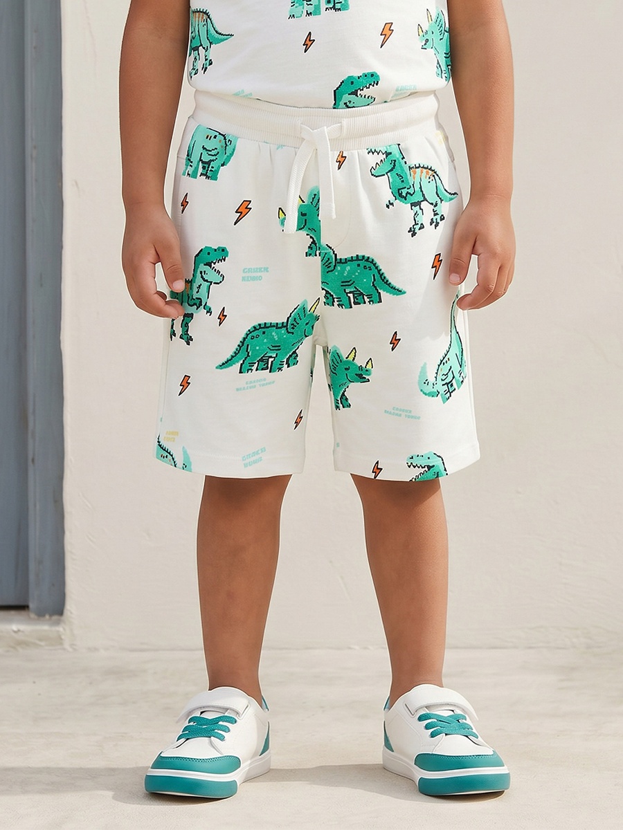 Crew Neck Short Sleeves T-Shirt and Shorts Set with Dinosaur Print