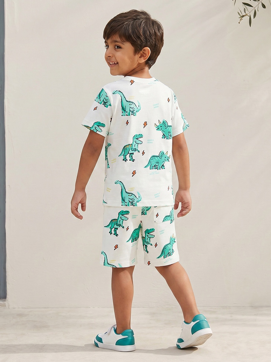 Crew Neck Short Sleeves T-Shirt and Shorts Set with Dinosaur Print