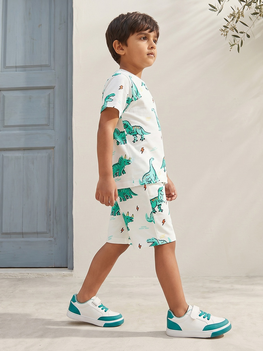 Crew Neck Short Sleeves T-Shirt and Shorts Set with Dinosaur Print