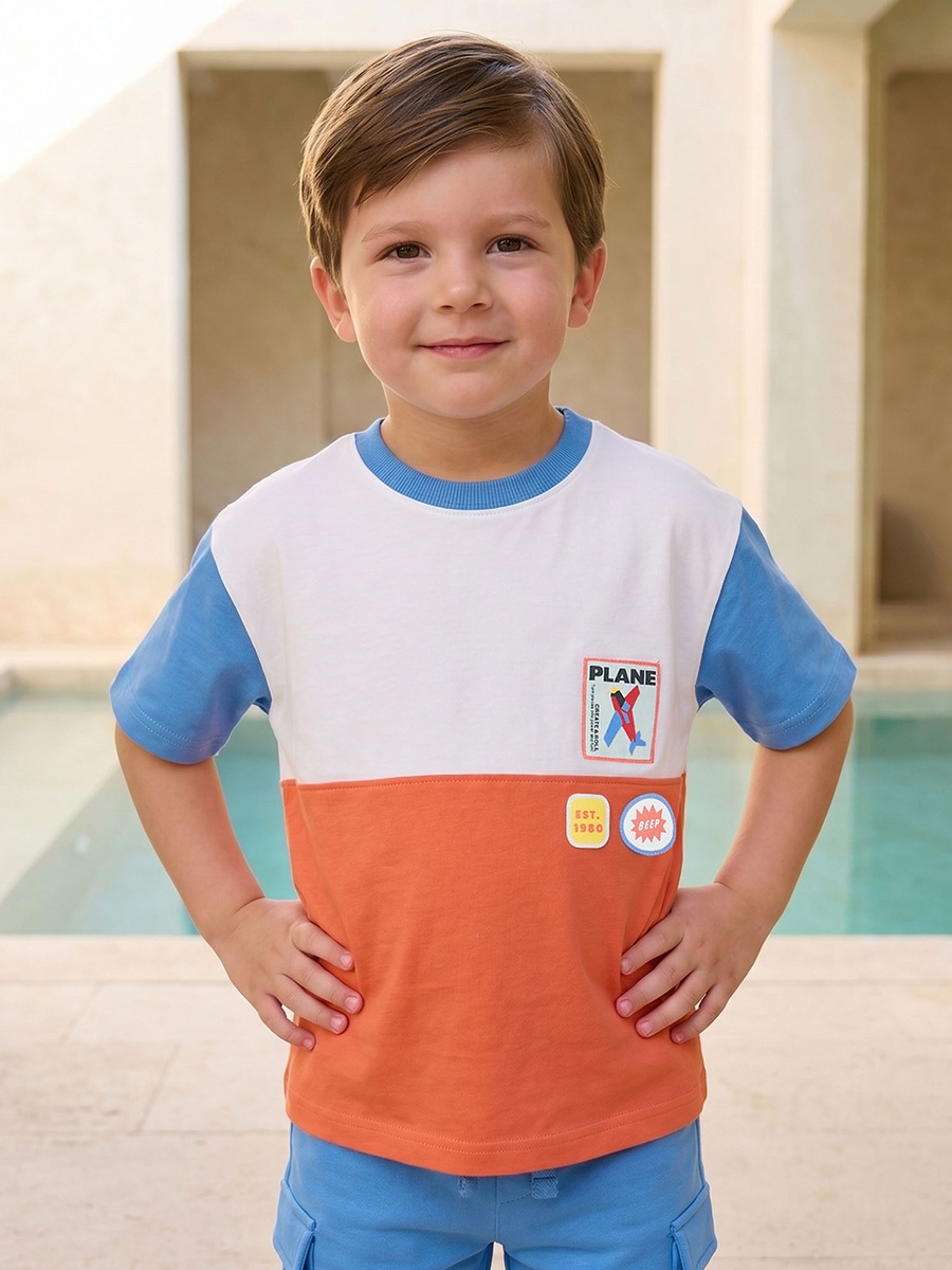 Crew Neck Short Sleeves T-Shirt and Cargo Shorts Set with Colourblock Design