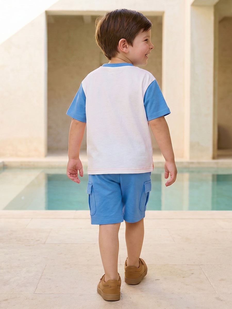 Crew Neck Short Sleeves T-Shirt and Cargo Shorts Set with Colourblock Design