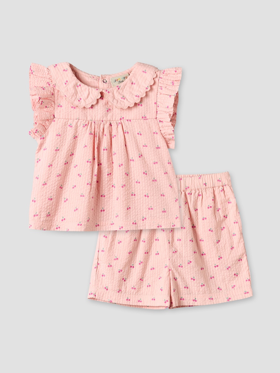Collared Short Sleeves Top and Shorts Set with Cherry Print