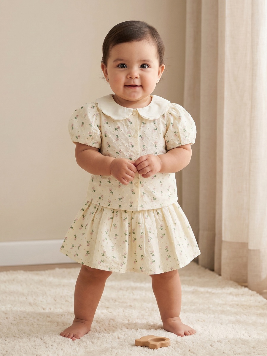 Collared Short Sleeves Shirt and Skirt Set with Floral Print