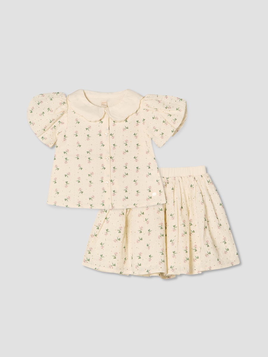 Collared Short Sleeves Shirt and Skirt Set with Floral Print