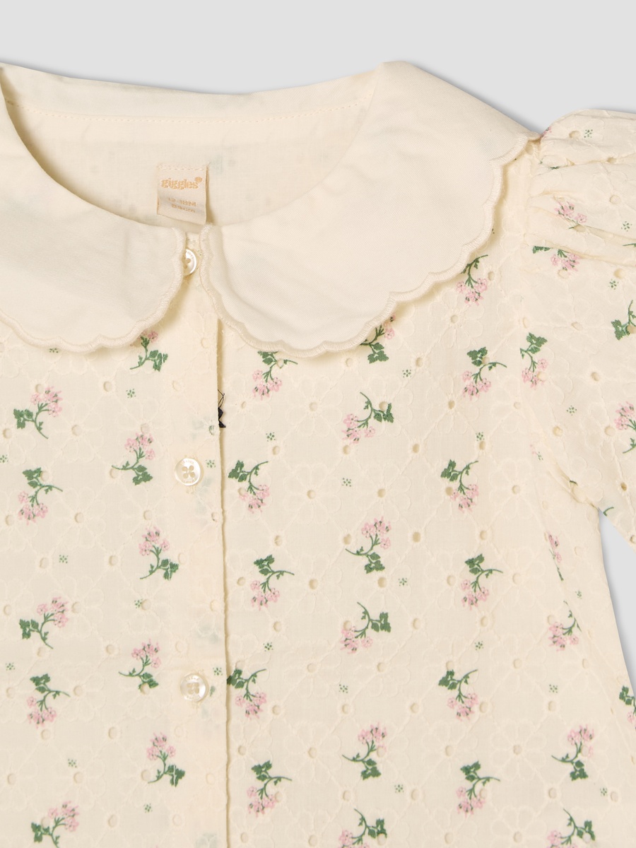 Collared Short Sleeves Shirt and Skirt Set with Floral Print
