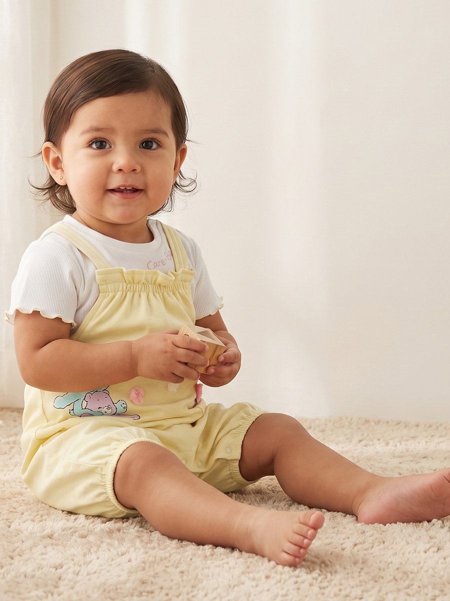 Crew Neck Short Sleeves T-Shirt and Dungaree Set with Care Bears Print