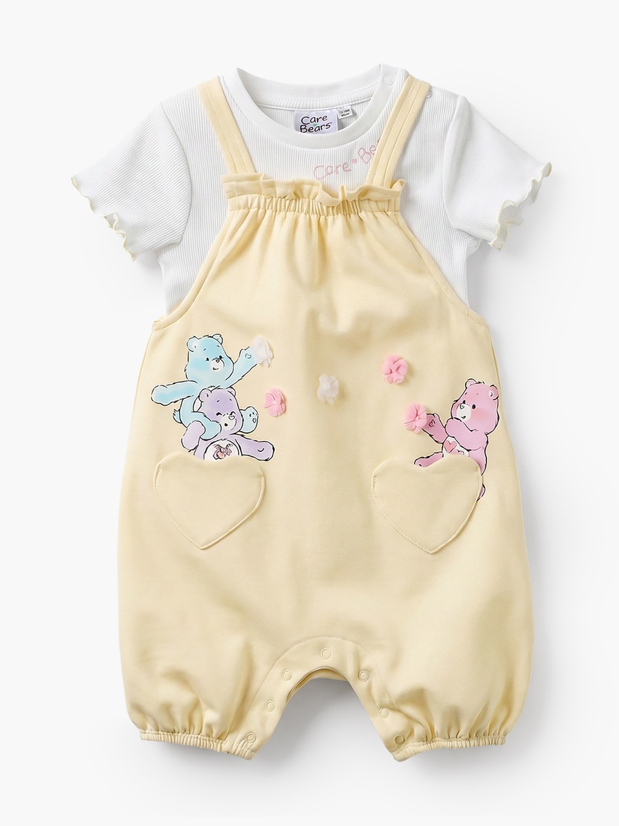 Crew Neck Short Sleeves T-Shirt and Dungaree Set with Care Bears Print