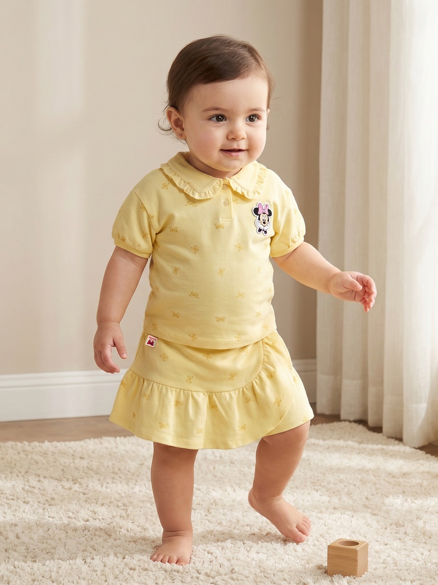 Collared Short Sleeves T-Shirt and Skorts Set with Minnie Mouse Applique