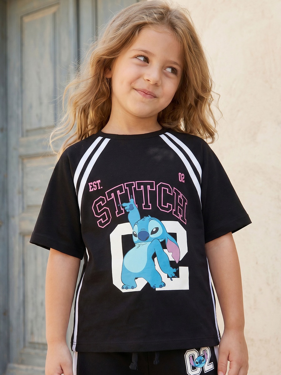 Crew Neck Short Sleeves T-Shirt and Pants Set with Stitch Print