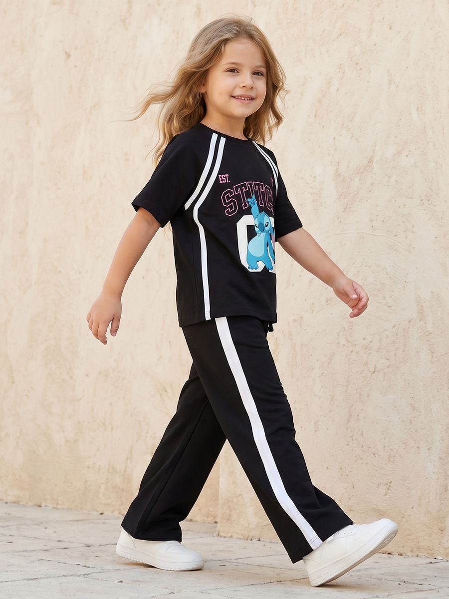 Crew Neck Short Sleeves T-Shirt and Pants Set with Stitch Print