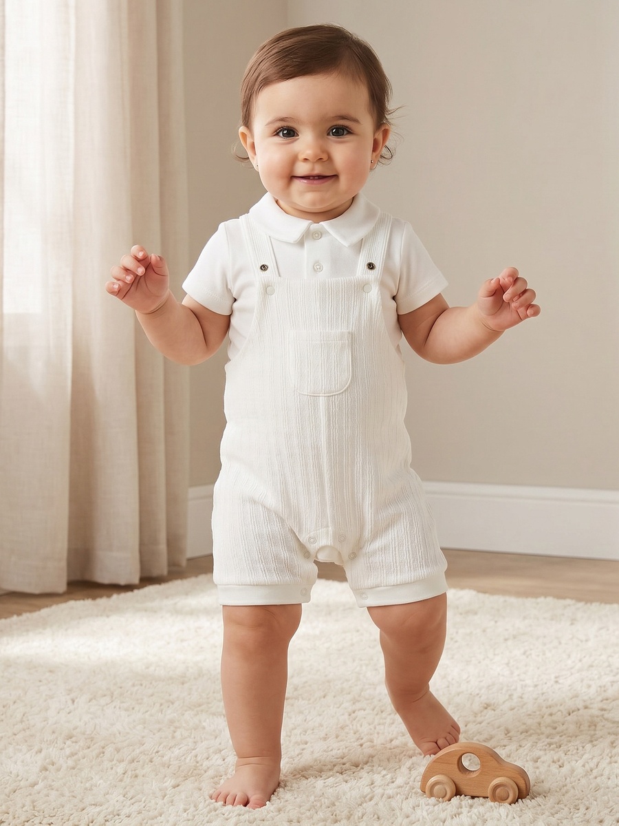 Collared Short Sleeves Polo T-Shirt and Dungaree Set with Button Closure