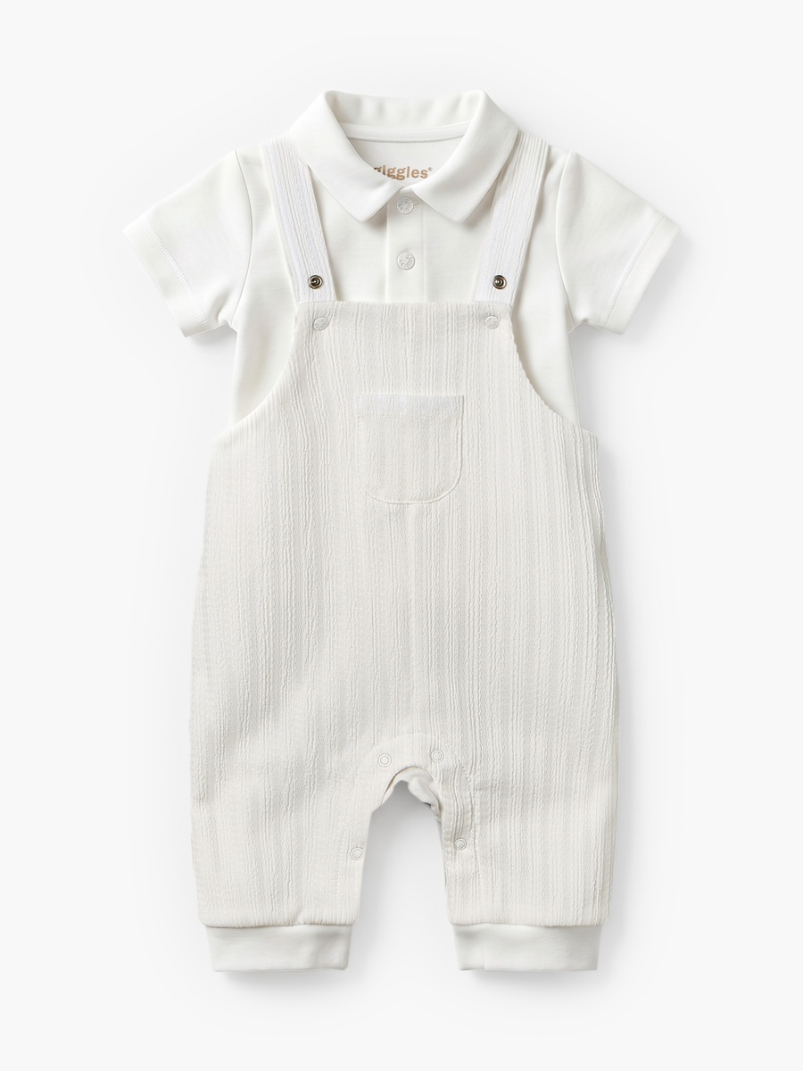 Collared Short Sleeves Polo T-Shirt and Dungaree Set with Button Closure
