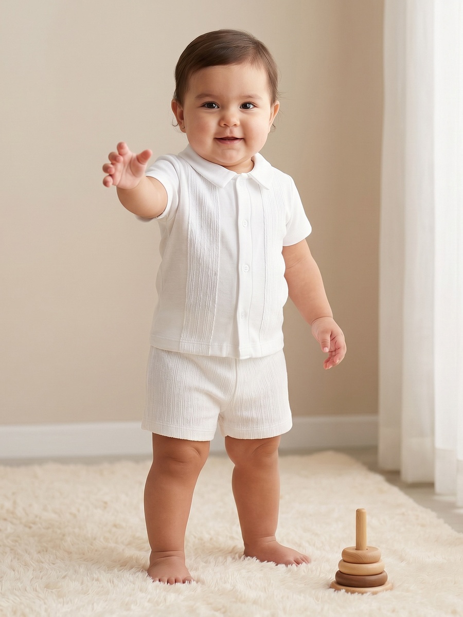 Collared Short Sleeves Shirt and Shorts Set with Elasticated Waist