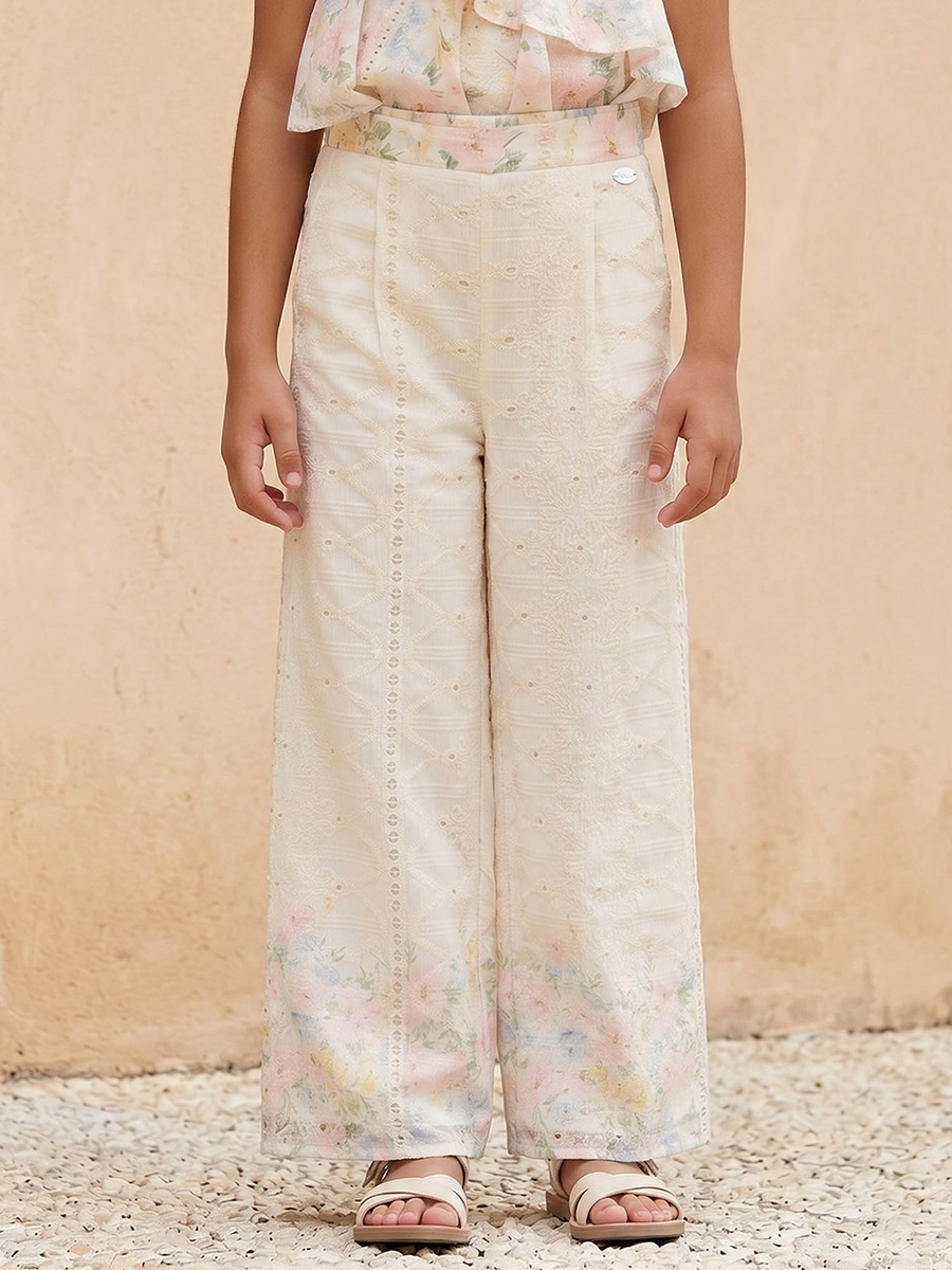 Mid Rise Wide Leg Trousers with Embroidery