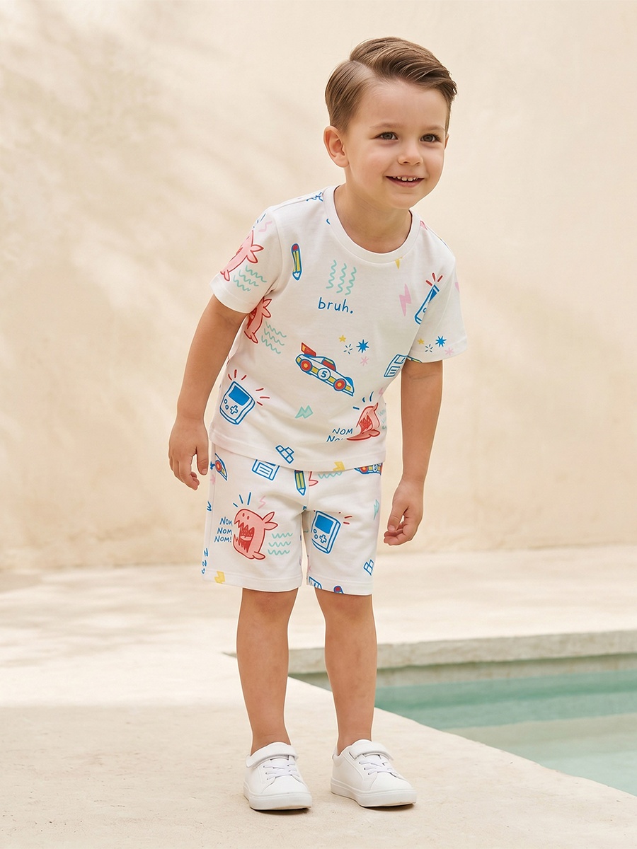Knee Length Drawstring Waist Shorts with Game Print
