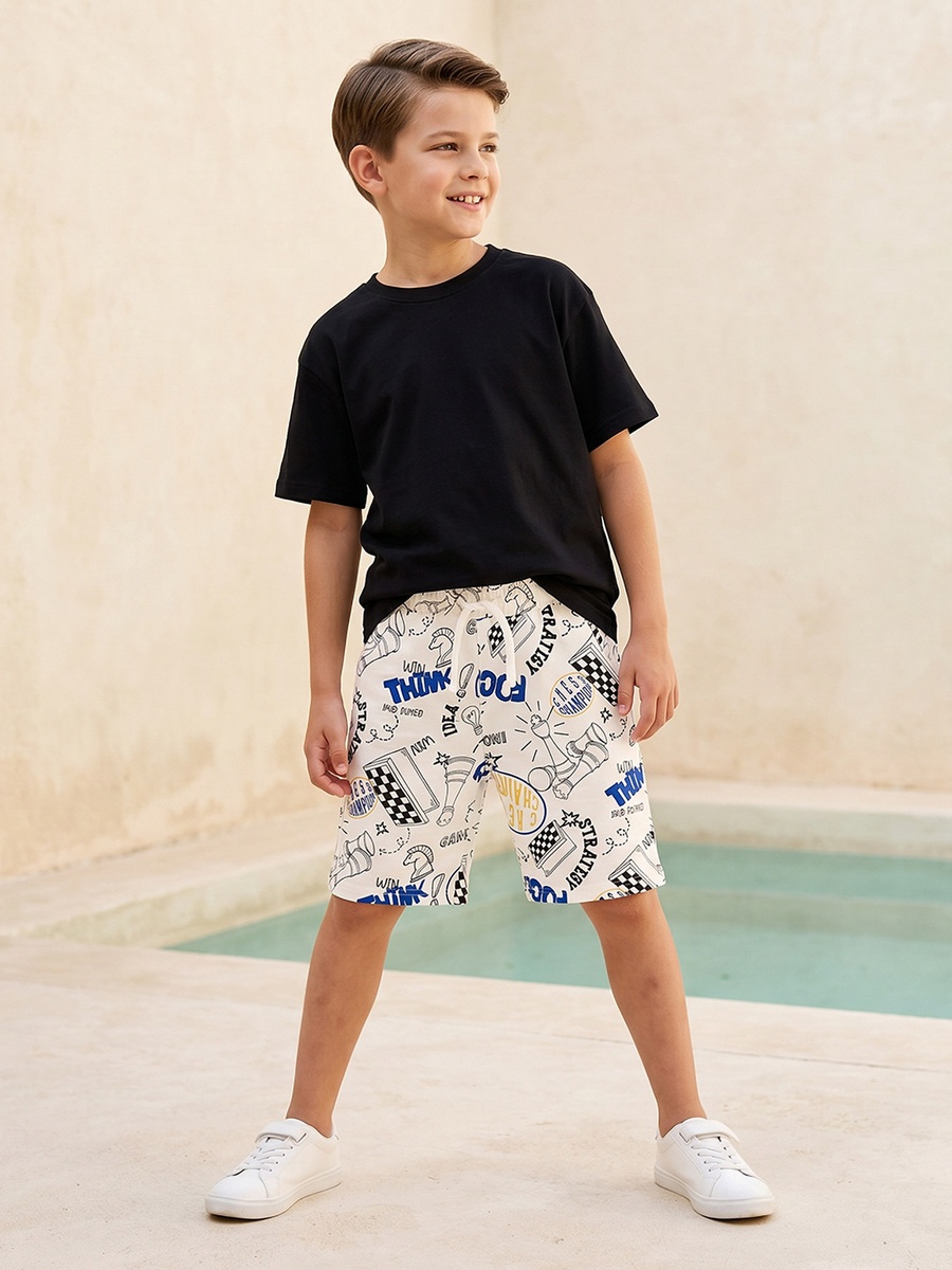 Knee Length Drawstring Waist Shorts with Chess Print
