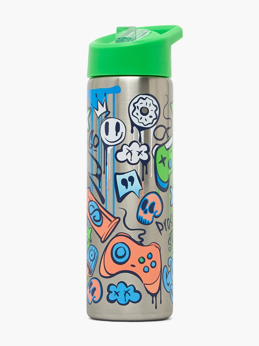 Printed Stainless Steel Water Bottle with Flip Spout and Handle - 750 ml