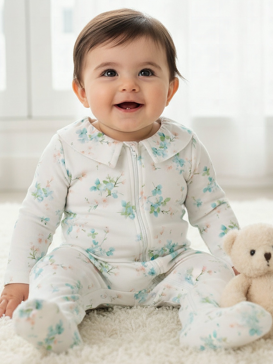 Bamboo Cotton Collared Long Sleeves Sleepsuit with Floral Print