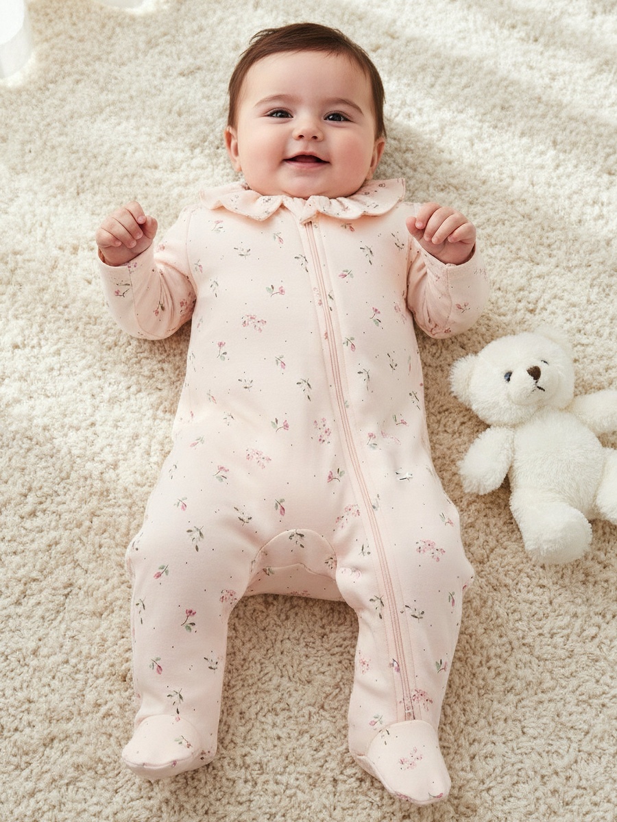 Bamboo Cotton Collared Long Sleeve Sleepsuit with Floral Print