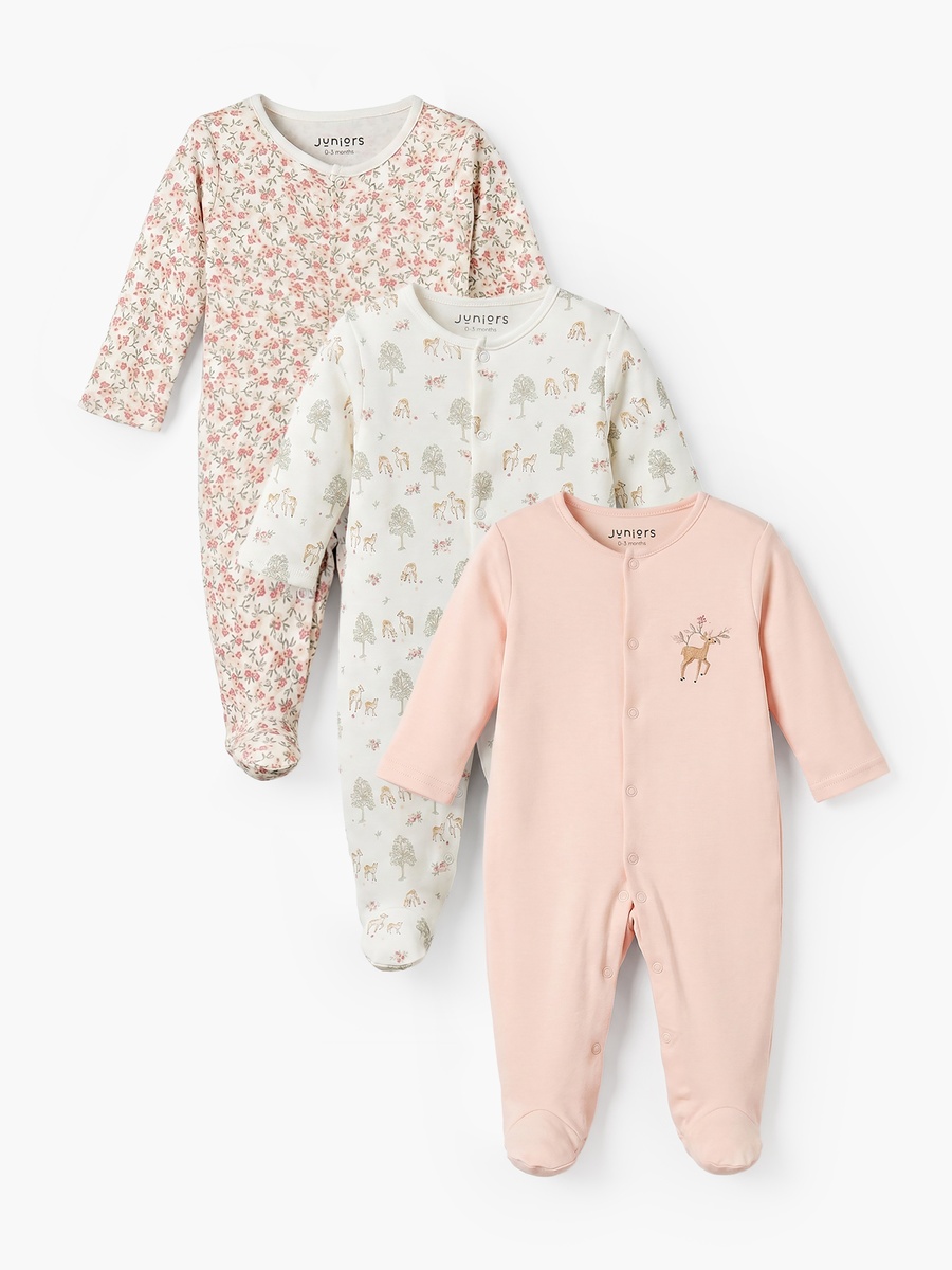 Pack of 3 Crew Neck Long Sleeves Sleepsuit with Deer Print