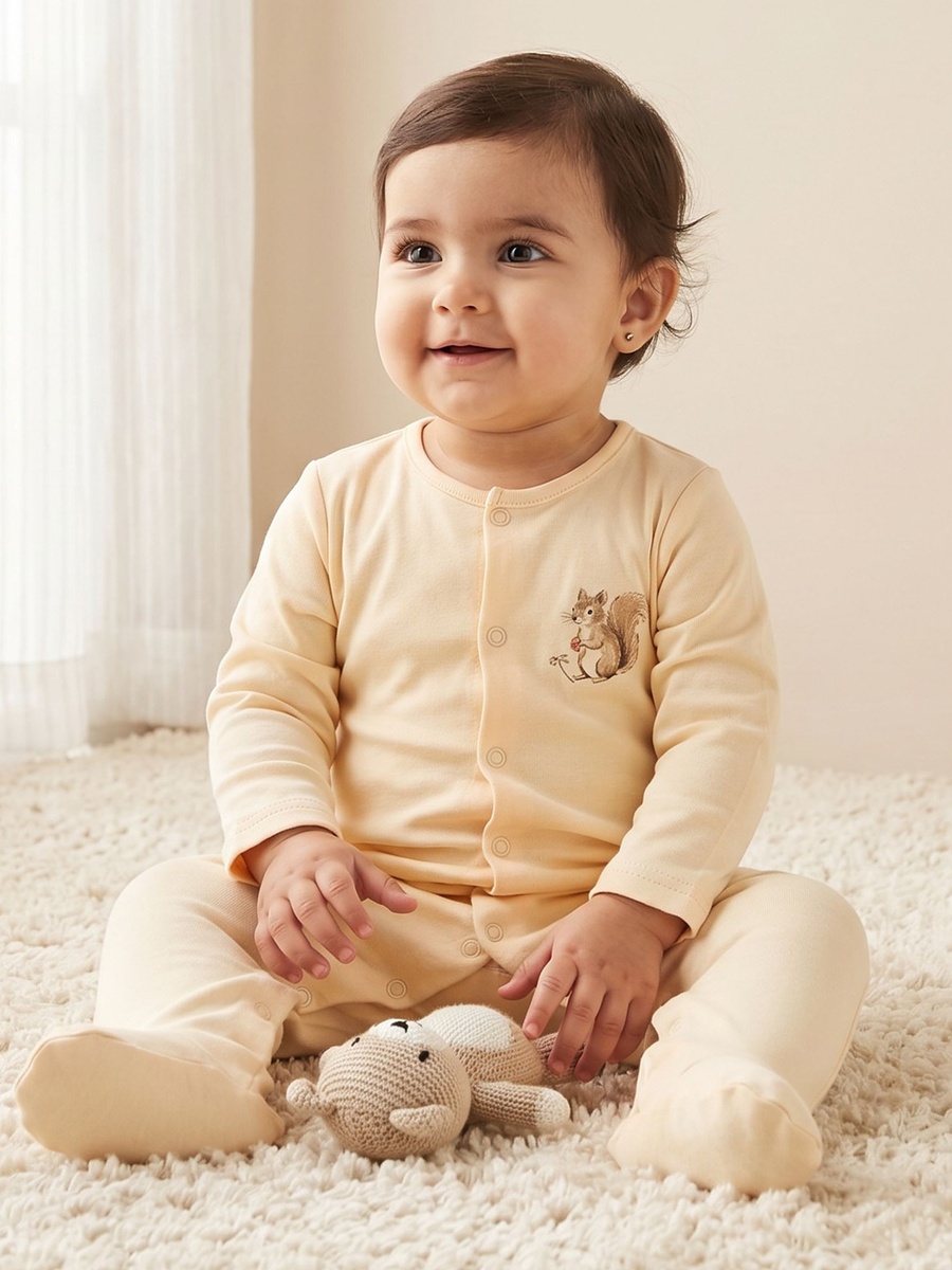 Pack of 3 Cotton Crew Neck Long Sleeves Sleepsuit with Squirrel Print