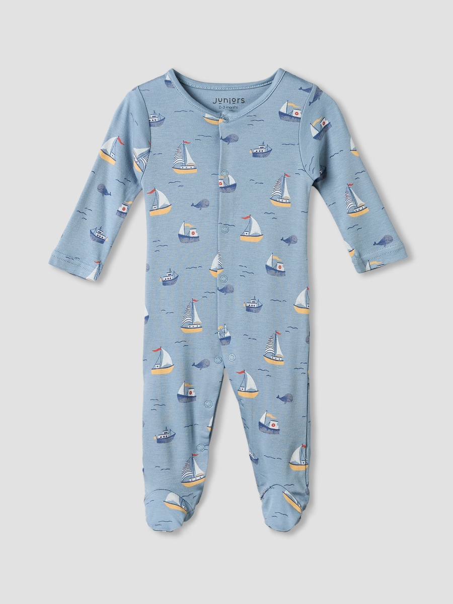 Pack of 3 Round Neck Long Sleeves Sleepsuit with Sail Boat Print