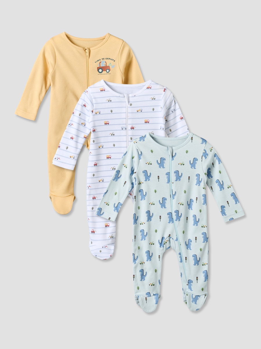 Pack of 3 Cotton Crew Neck Long Sleeves Sleepsuit with Zip Closure