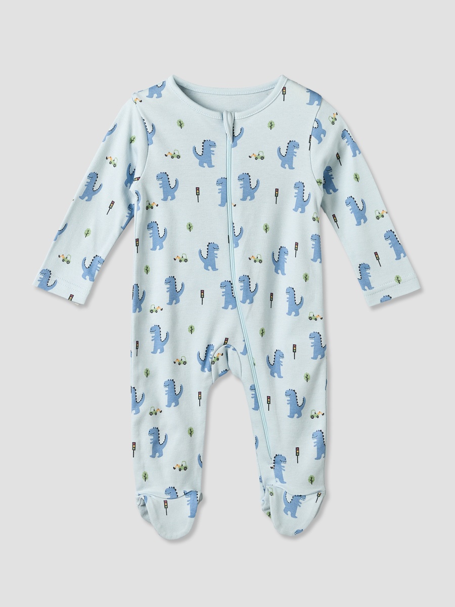 Pack of 3 Cotton Crew Neck Long Sleeves Sleepsuit with Zip Closure