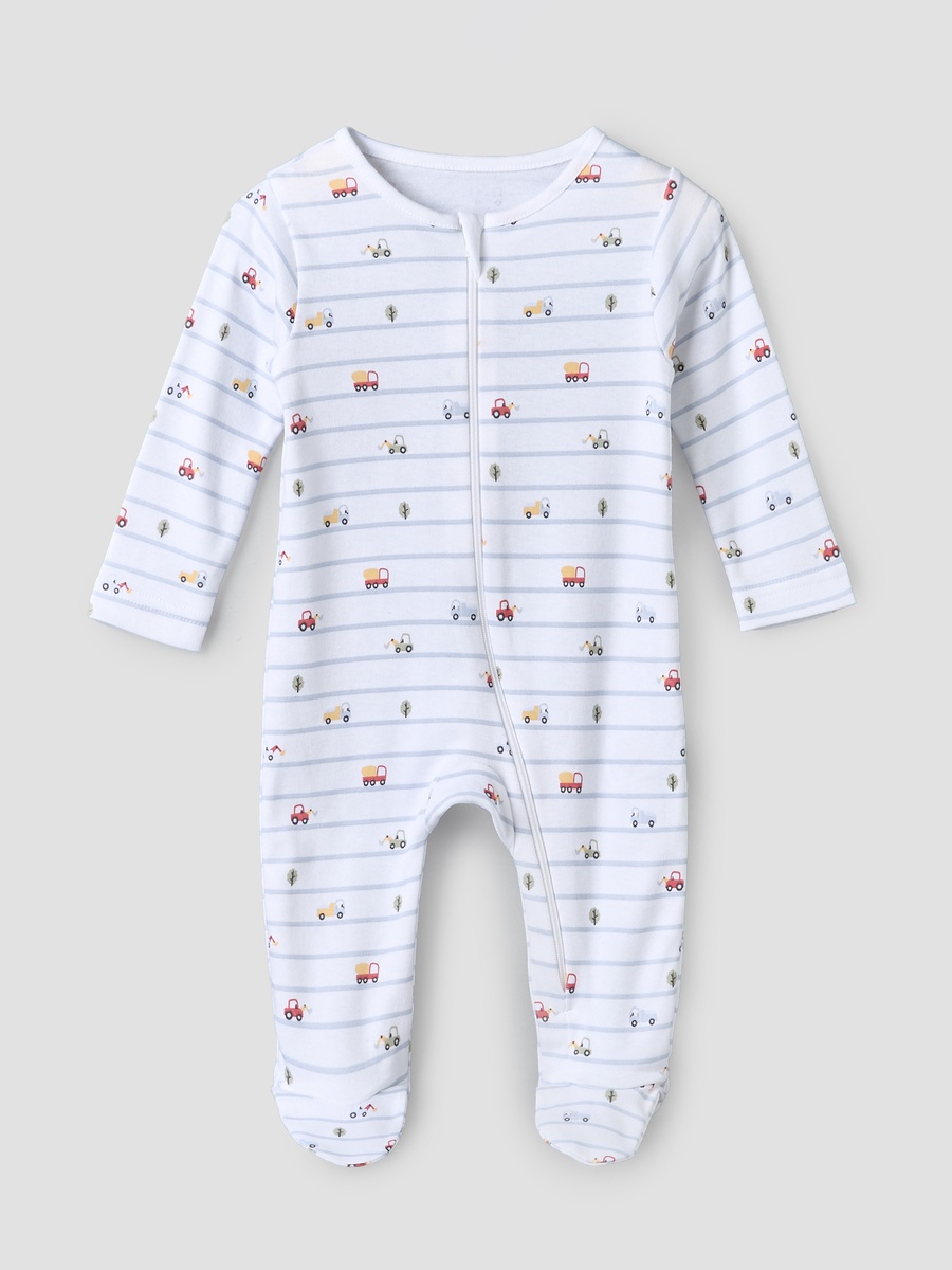 Pack of 3 Cotton Crew Neck Long Sleeves Sleepsuit with Zip Closure