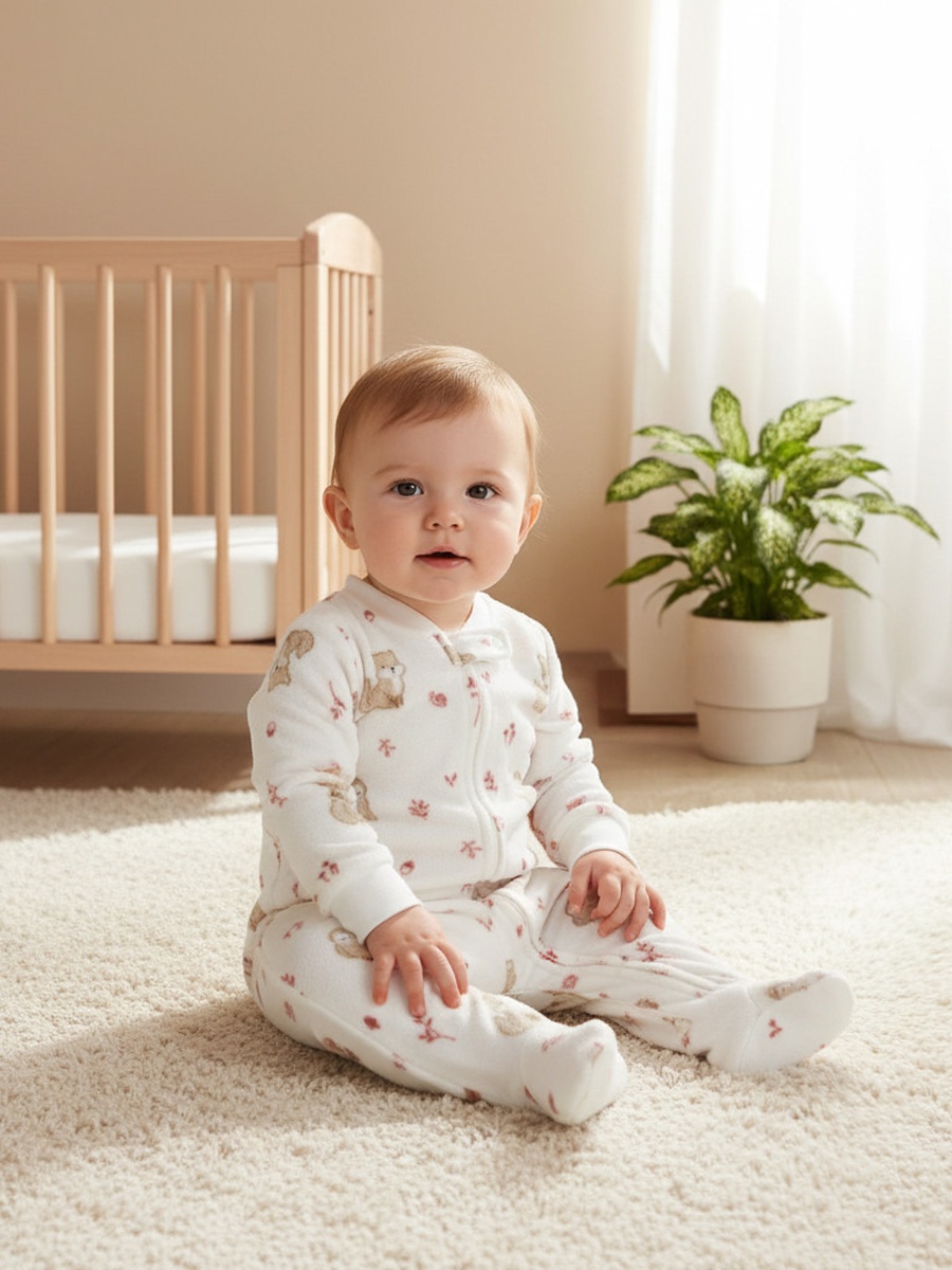 Animal Print Fleece Sleepsuit with Long Sleeves