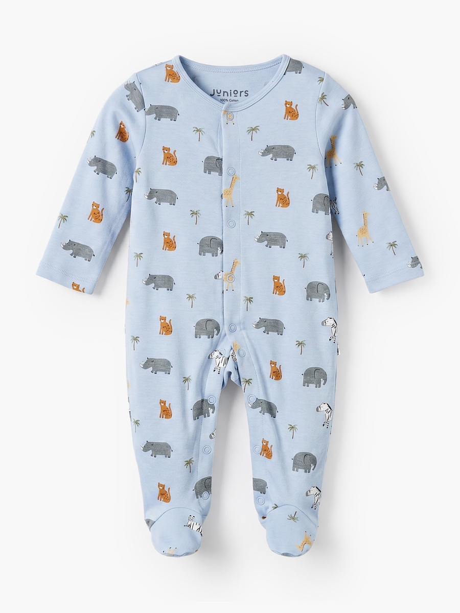 Cotton Crew Neck Long Sleeves Sleepsuit with Safari Print
