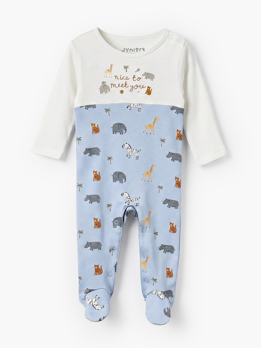 Cotton Crew Neck Long Sleeves Sleepsuit with Safari Print