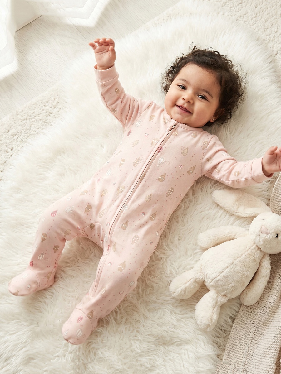 Cotton Crew Neck Long Sleeves Sleepsuit with Hot Air Balloon Print