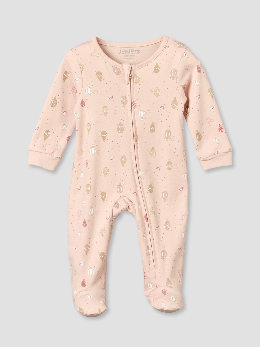 Cotton Crew Neck Long Sleeves Sleepsuit with Hot Air Balloon Print