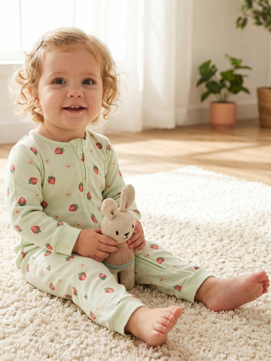 Cotton Crew Neck Long Sleeves Sleepsuit with Strawberry Print
