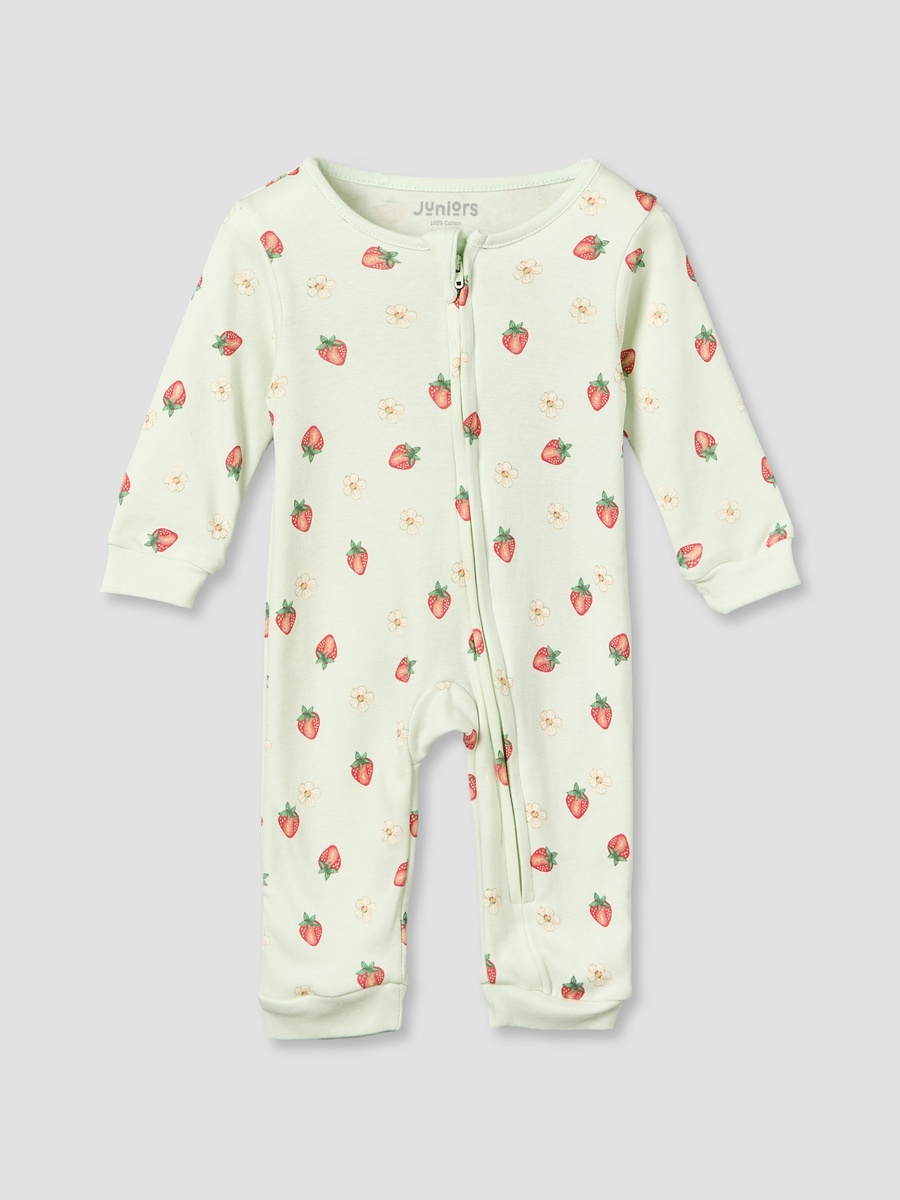 Cotton Crew Neck Long Sleeves Sleepsuit with Strawberry Print