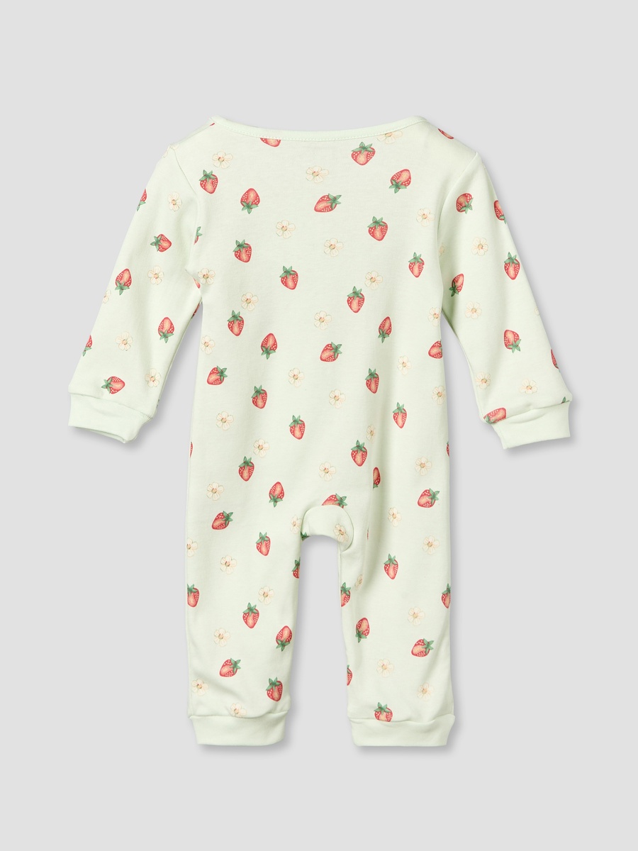 Cotton Crew Neck Long Sleeves Sleepsuit with Strawberry Print