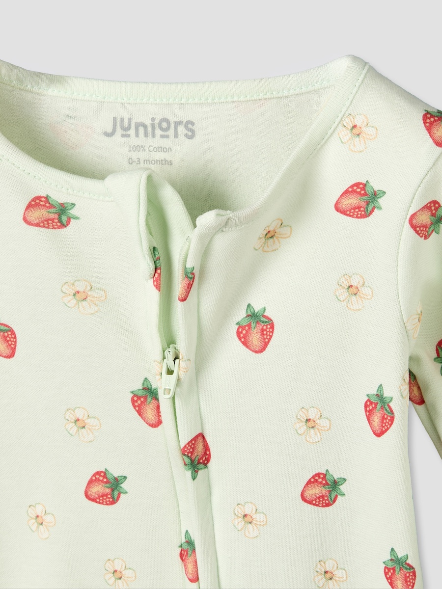 Cotton Crew Neck Long Sleeves Sleepsuit with Strawberry Print