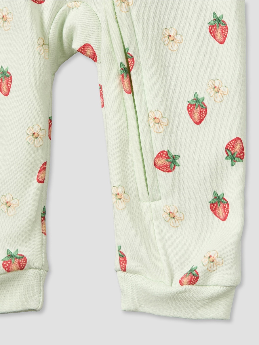 Cotton Crew Neck Long Sleeves Sleepsuit with Strawberry Print