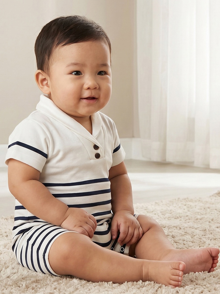 Collared Short Sleeves Romper with Striped Design