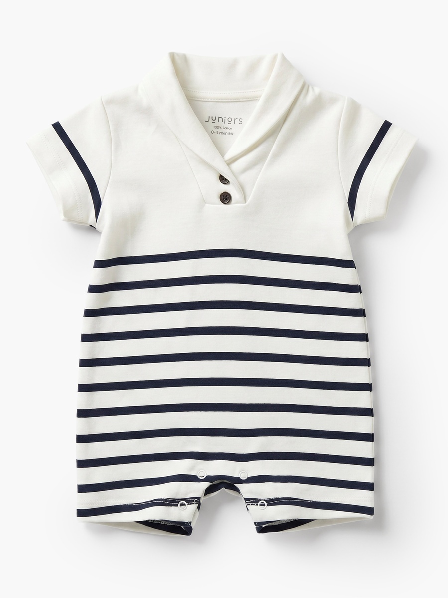 Collared Short Sleeves Romper with Striped Design