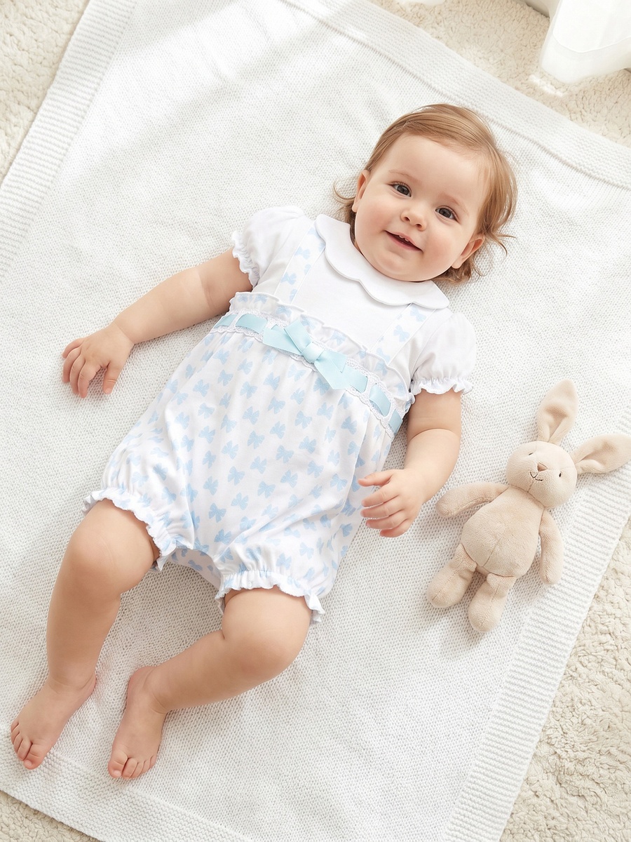 Collared Short Sleeves Romper with Bow Print