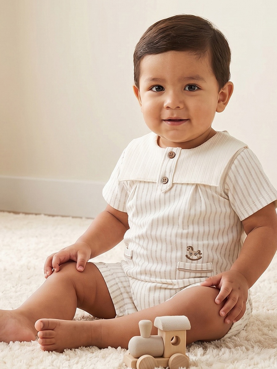 Collared Short Sleeves Romper with Striped Design
