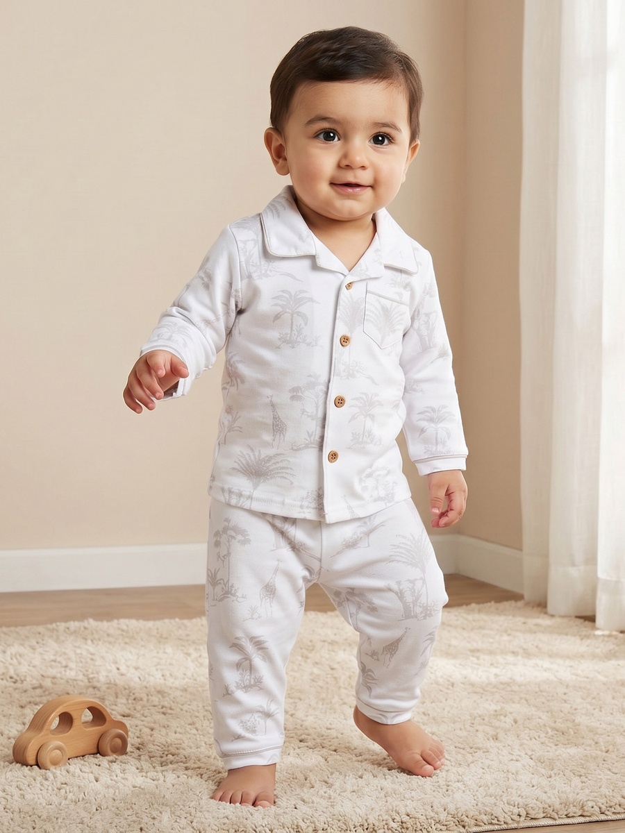Cotton Collared Long Sleeves Pyjama Set with Forest Print