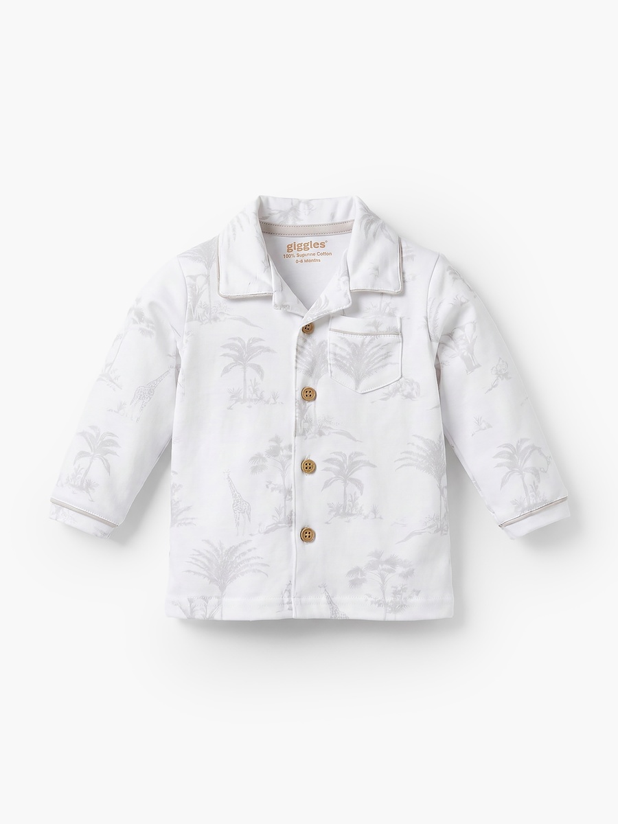 Cotton Collared Long Sleeves Pyjama Set with Forest Print